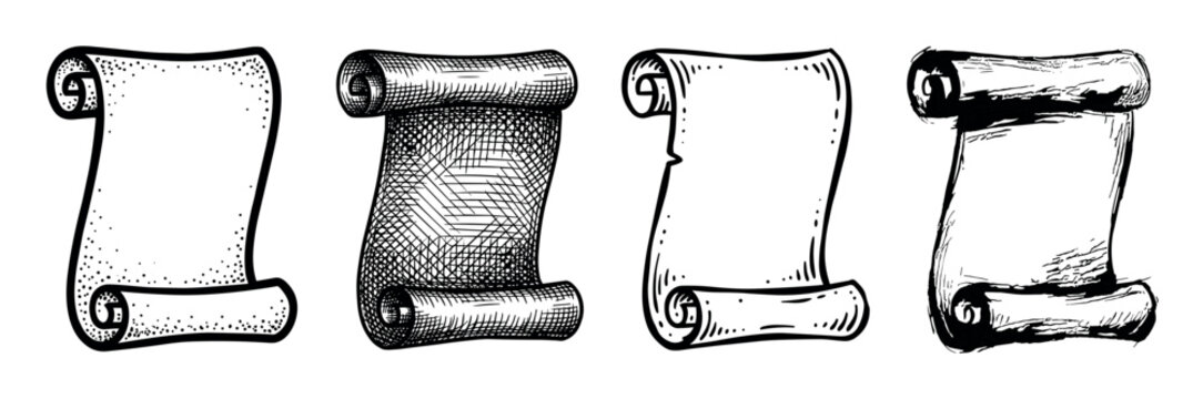Set of four hand-drawn vintage scrolls with different textures in a black and white engraving style, representing ancient manuscripts, historical documents, or fantasy maps
