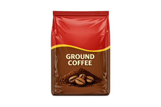 Ground coffee packaging bag with beans on transparent background