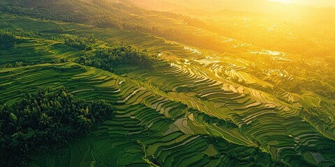 Aerial view of lush green rice terraces at sunset, with a golden hue from the sun, and a small village in the distance.