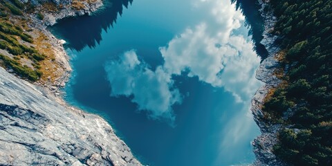 A breathtaking aerial view of a serene mountain lake with a heart-shaped reflection of clouds in the water, surrounded by lush green trees and rocky cliffs.