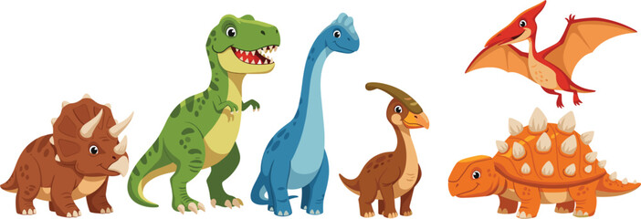 Cute Cartoon Dinosaur Character Set Featuring Tyrannosaurus Rex, Triceratops, Brachiosaurus, and Pterodactyl Illustrations for Kids Educational Projects, Stickers, and Children's Graphic Design © MD