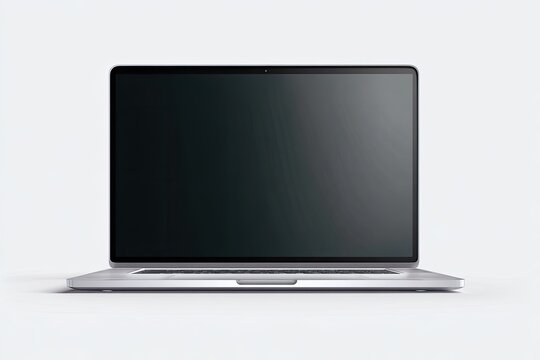 Modern, silver laptop with a blank, dark screen, set against a bright, white backdrop