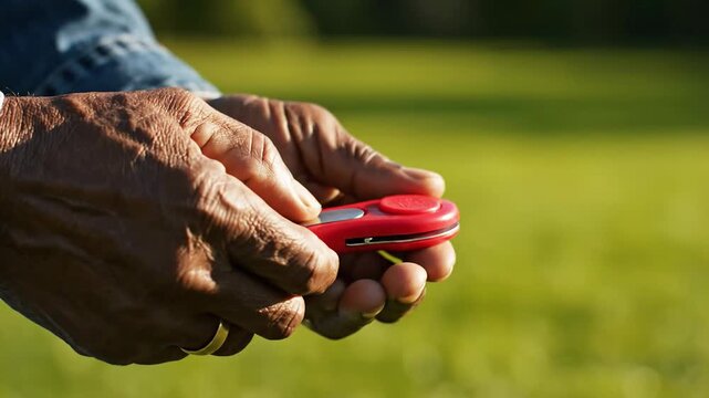 Close-up of hands holding a red fidget spinner toy outdoors