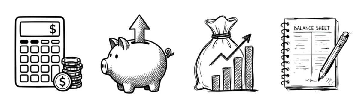 Hand drawn black and white finance icons set showing a calculator, piggy bank, money bag with chart, and balance sheet for business, saving, and investment concepts