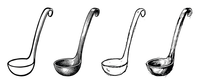 Set of four hand-drawn soup ladles in a vintage sketch style, showcasing different line art and hatching techniques for a rustic, monochrome culinary illustration
