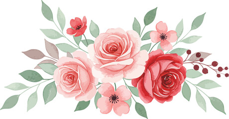 Beautiful bouquet of pink roses and flowers with green leaves on white background