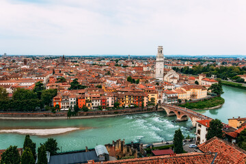 Verona cityscape from Castel San Pietro with the Adige River flowing through.