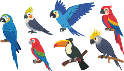 Obraz premium Cartoon tropical birds, colorful plumage, exotic species, perched and flying, jungle wildlife, toucan, parrot, cockatoo, nature icons, vibrant design