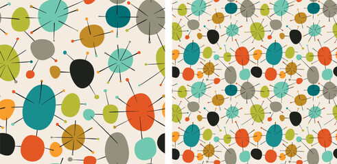 Atomic Era Seamless Pattern, Mid Century Modern Sputnik Starburst Abstract Geometric Dots in Retro Color Palette