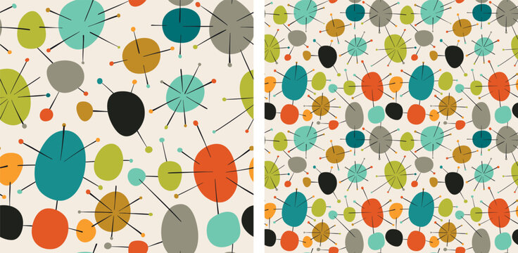 Atomic Era Seamless Pattern, Mid Century Modern Sputnik Starburst Abstract Geometric Dots in Retro Color Palette