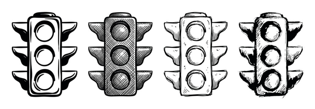Set of four traffic signal illustrations rendered in a black and white hand-drawn sketch style, showcasing various artistic techniques like cross-hatching and brush strokes