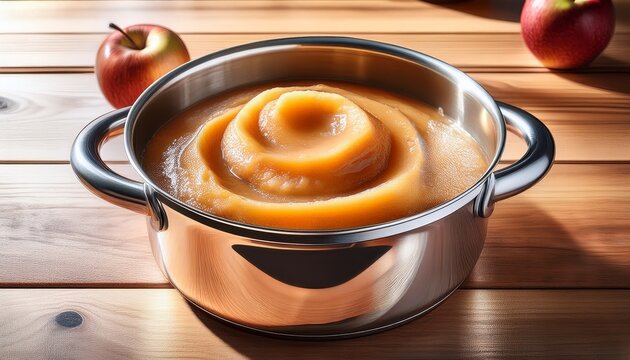 a bowl of applesauce in a stainless steel saucepan on a wooden kitchen counter food kitchen food kitchen