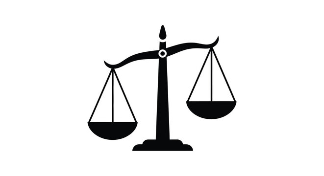 A stark black silhouette depicts a traditional scales of justice representing legal balance and impartial judgement silhouette high quality professional