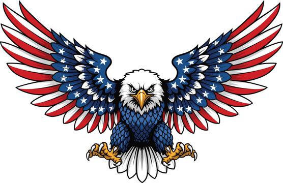 Patriotic American Bald Eagle Vector with Spread Wings Featuring United States Flag Stars and Stripes Design for Fourth of July, Military, and Independence Day Graphics