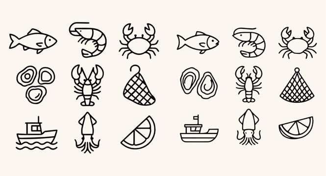 A minimalist line icon set featuring various seafood and boat illustrations in outline style, including fish, shrimp, crab, and citrus slices, arranged in a grid on a plain background.