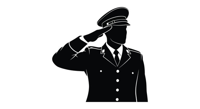 A striking image depicts a uniformed military officer giving a salute rendered as a bold silhouette high quality professional detailed