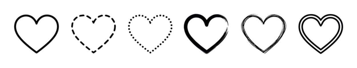Set of six black heart icons showing different outline styles like dashed, dotted, brush stroke, sketch, and double line, representing love and romantic feelings