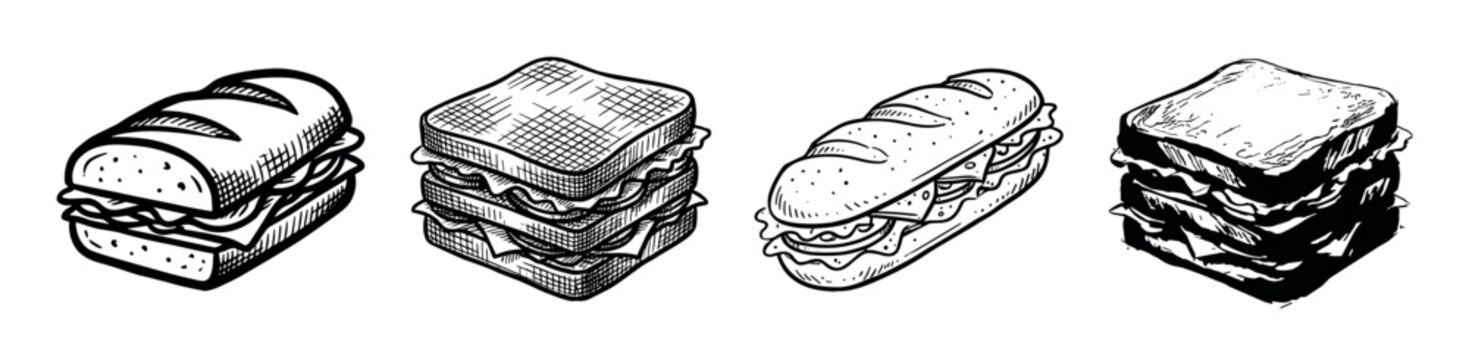 Set of four hand-drawn sandwiches in a vintage sketch style, showcasing various types like subs and multi-layered toast for a classic, rustic food illustration