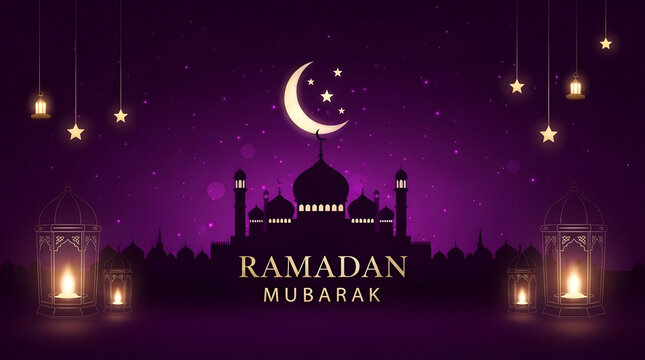 Ramadan mubarak mosque silhouette with crescent moon and lanterns for greeting card