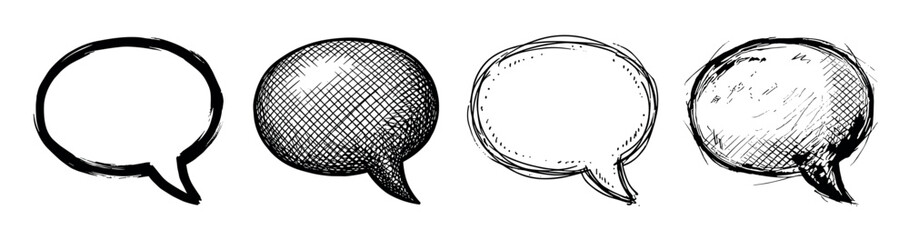 Naklejka premium Four hand-drawn black ink speech bubbles in a rough sketch style, showcasing various artistic textures including crosshatch, stipple, and scribble for graphic design elements