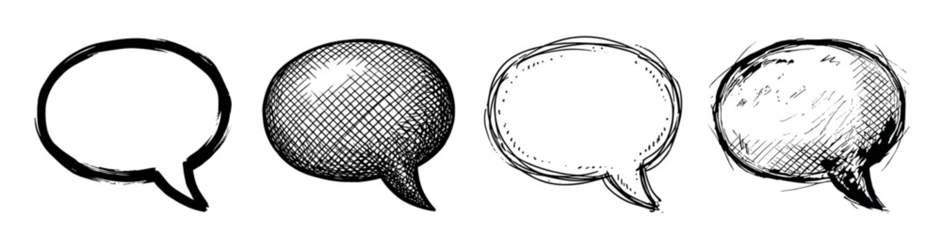 Four hand-drawn black ink speech bubbles in a rough sketch style, showcasing various artistic textures including crosshatch, stipple, and scribble for graphic design elements