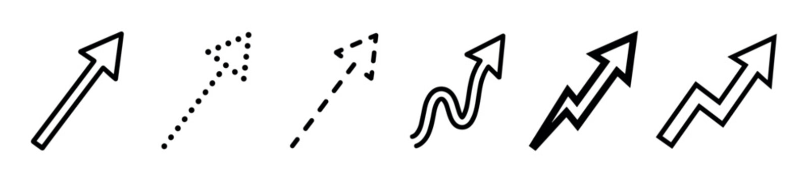 Set of six black upward-pointing arrows in various line styles including solid, dotted, dashed, wavy, and zigzag, symbolizing growth, progress, and positive direction