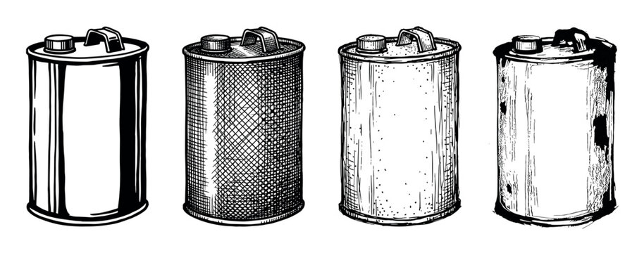 Four vintage metal oil cans in a hand-drawn sketch illustration style showcase different textures like crosshatching, stippling, and grunge for a retro industrial design