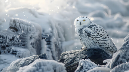 Snowy owl sitting in falling snow during winter