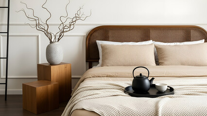 Cozy Bedroom With Rattan Headboard And Wooden Accents