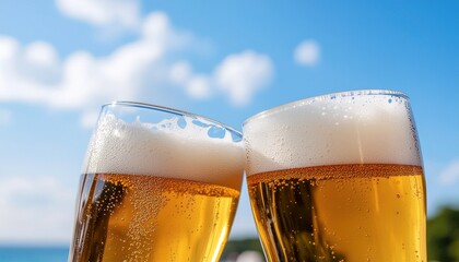 青空の下で乾杯をするビールジョッキのイメージ画像