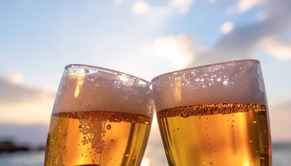 青空の下で乾杯をするビールジョッキのイメージ画像