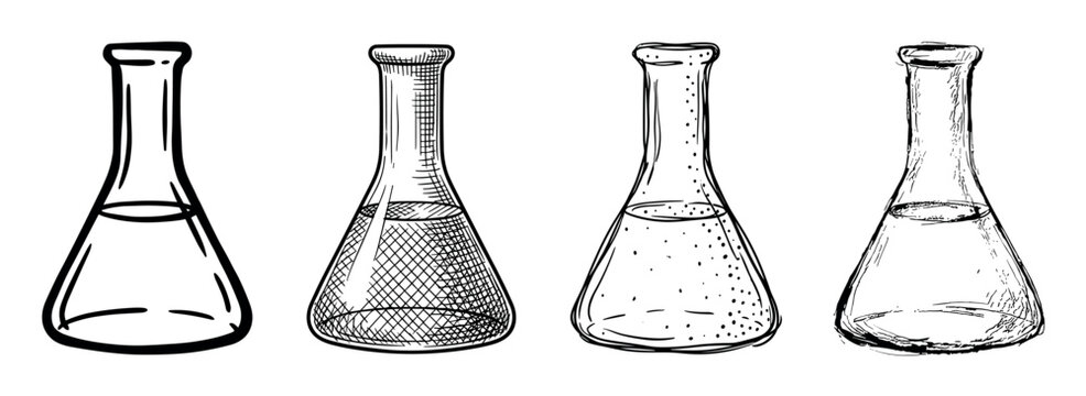 Four hand-drawn laboratory conical flasks with liquid, a collection of scientific glassware illustrated in a black and white sketch style with varied hatching and stippling