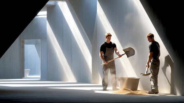 Construction workers loading grain into buckets in a sunlit building.