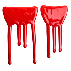 Two vibrant red paint drips, teardrop-shaped at the top, cascading downwards against a black background