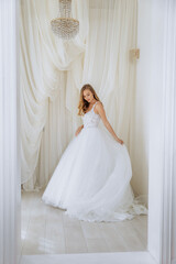 Fototapeta premium Beautiful girl in a white long luxurious wedding dress. Model bride posing in a gentle location