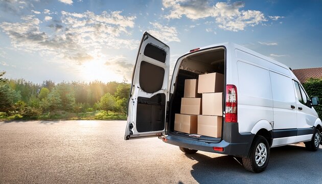 white delivery van full of cardboard boxes parked with open doors