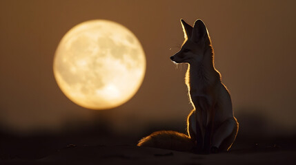 Wild fox silhouette against glowing full moon