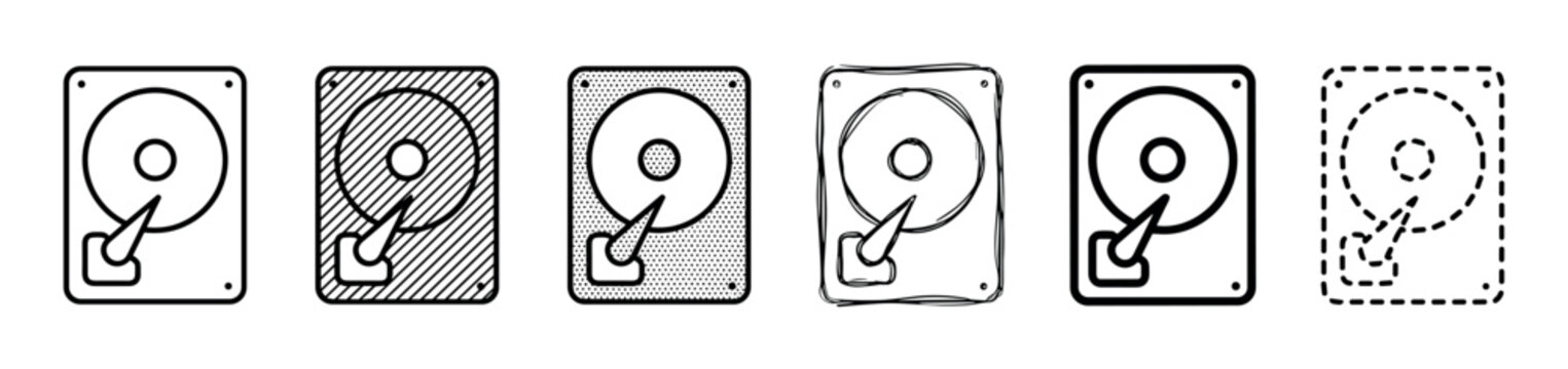Hard disk drive icon set with six different design variations, including simple line art, hand-drawn sketch, dashed outline, and patterned styles for data storage concepts