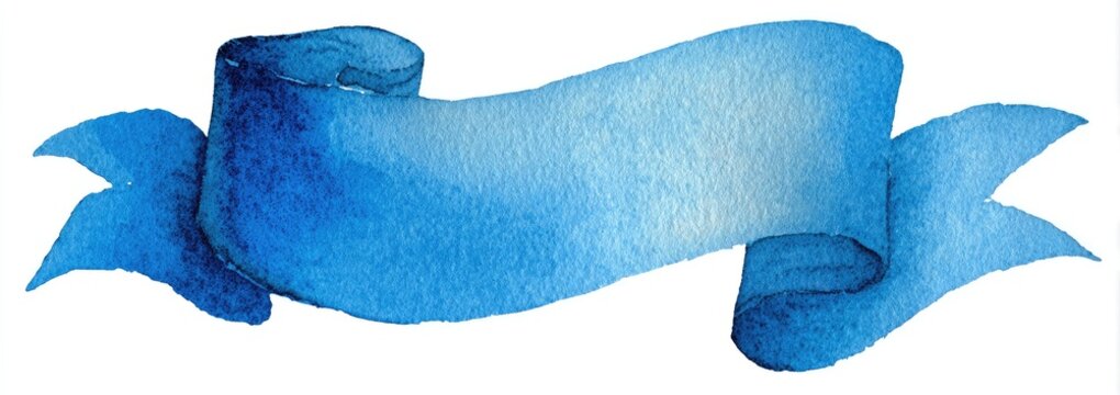Watercolor rendering of a blue banner, showing a gradient and ribbon-like shape