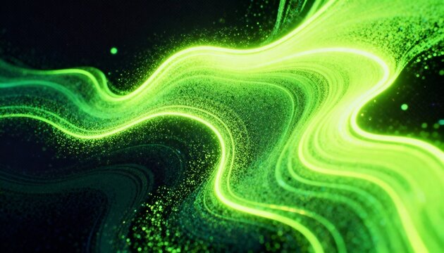 Abstract Green Energy Waves Background, 3D Render, Flowing Light Particles, Modern Design, High-Tech, Copy Space