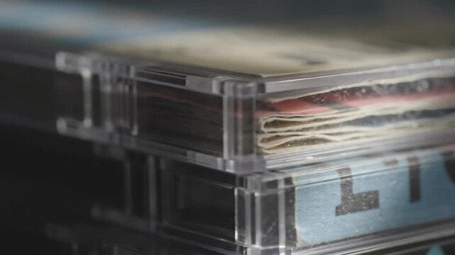 Close-up of stacked cassette tapes with colorful inserts, retro music storage