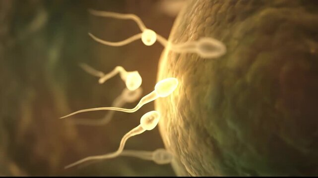 Sperm Cells Approaching Human Egg Cell in Warm Toned Microscopic Environment