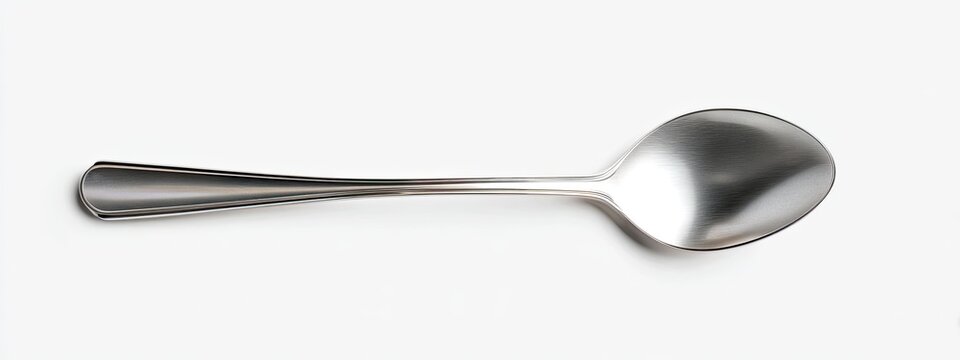A shiny, metallic spoon lies horizontally against a plain white background, capturing light