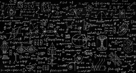 A blackboard filled with mathematical and physical formulas, equations, graphs, and geometric diagrams. The image represents mathematics, physics, research, and academic knowledge.