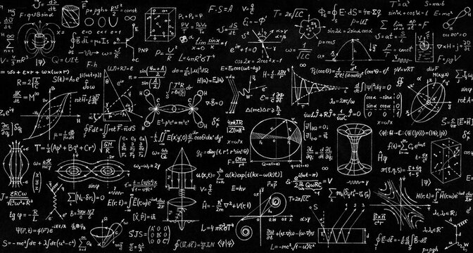 A blackboard filled with mathematical and physical formulas, equations, graphs, and geometric diagrams. The image represents mathematics, physics, research, and academic knowledge.