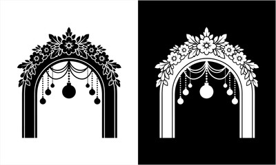 Elegant Floral Archway with Hanging Ornaments in Silhouette Style.