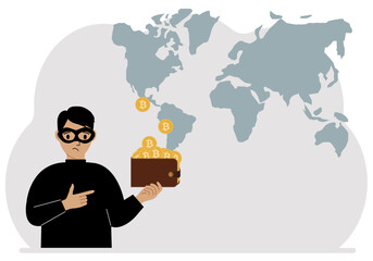A thief in a black mask with a wallet full of coins. Cyberattack, mobile phishing, fraud, hacker, theft. Vector flat illustration.