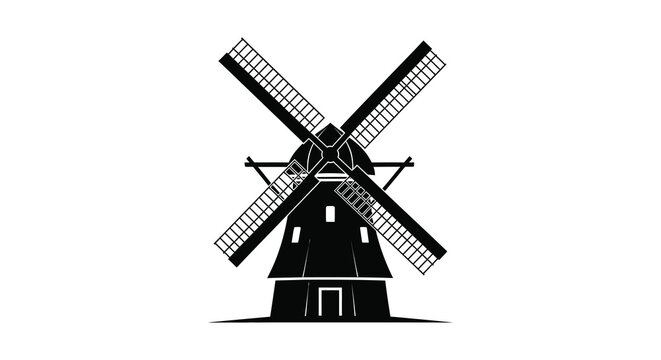 A striking black silhouette depicts a classic windmill with large blades against a plain white background windmill silhouette high quality