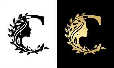 Elegant Letter C Logo with Womans Profile and Laurel Wreath Design.
