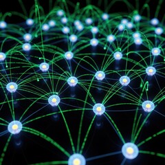 Obraz premium Network nodes in abstract digital pattern with glowing blue and green lights in dark background for technology and data visualization.